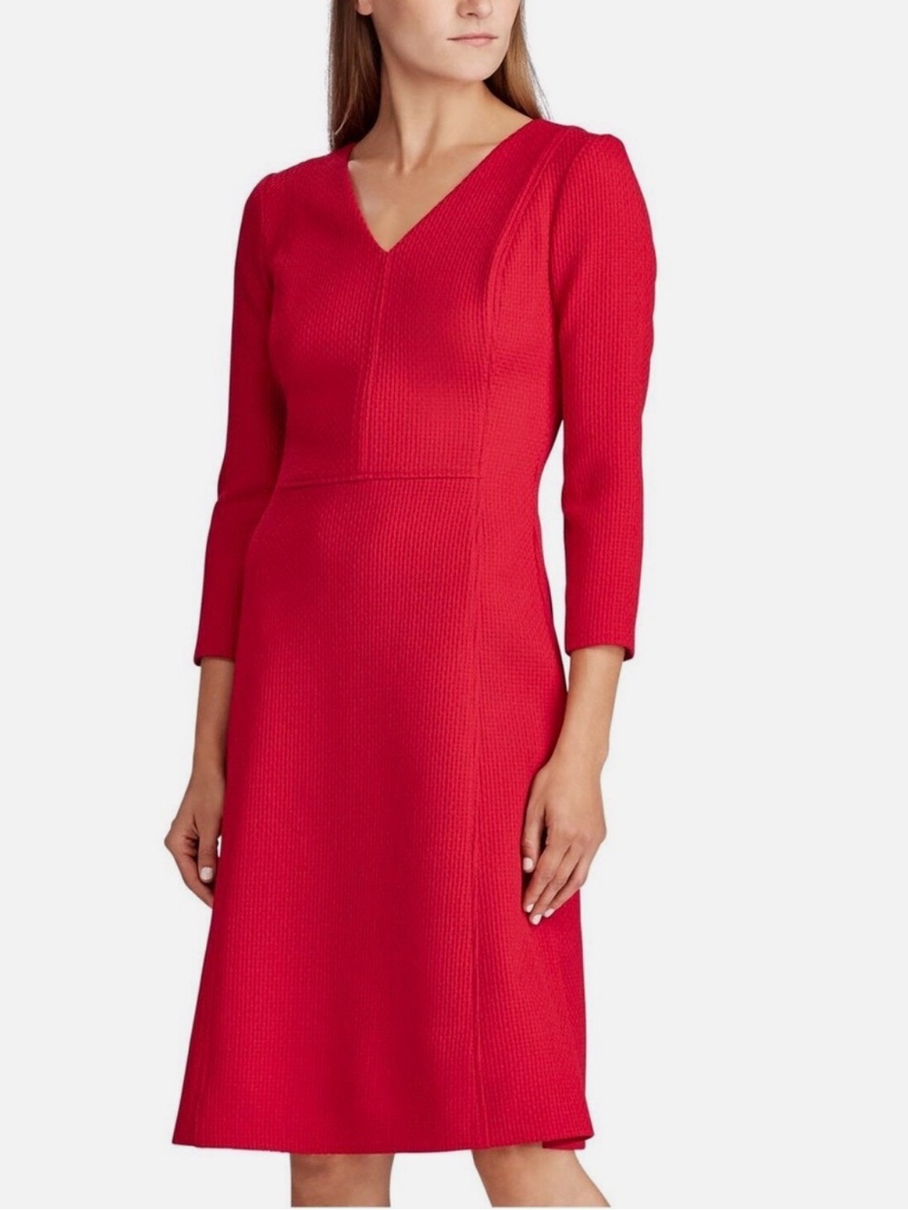 Lauren Ralph Lauren Red V-Neck 3/4 length Sleeve Knit Sheath Dress
